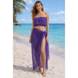 TOTO 2 Piece Swim Cover Up Set Womens M Purple Bandeau Sarong Wrap EUC